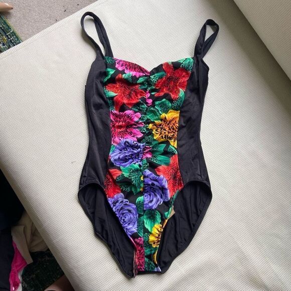 Vtg 80s Retro Floral Slimming One Piece Swimsuit Union Made in USA - SZ M - Picture 1 of 6